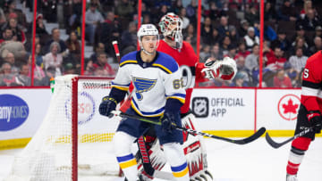 OTTAWA, ON - MARCH 14: St. Louis Blues Left Wing Mackenzie MacEachern (62) sets up next to Ottawa Senators Goalie Anders Nilsson (31) during third period National Hockey League action between the St. Louis Blues and Ottawa Senators on March 14, 2019, at Canadian Tire Centre in Ottawa, ON, Canada. (Photo by Richard A. Whittaker/Icon Sportswire via Getty Images)