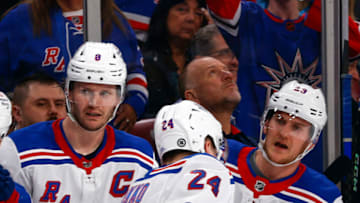 SUNRISE, FL - MARCH 25: Teammates congratulate Kaapo Kakko #24 of the New York Rangers after he scored a second period goal against the Florida Panthers at the FLA Live Arena on March 25, 2023 in Sunrise, Florida. (Photo by Joel Auerbach/Getty Images)