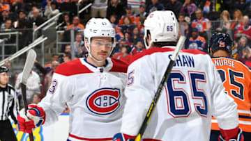 EDMONTON, AB - NOVEMBER 13: Max Domi #13 and Andrew Shaw #65 of the Montreal Canadiens celebrate after a goal during the game against the Edmonton Oilers on November 13, 2018 at Rogers Place in Edmonton, Alberta, Canada. (Photo by Andy Devlin/NHLI via Getty Images)