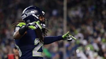 Jan 19, 2014; Seattle, WA, USA; Seattle Seahawks cornerback Richard Sherman (25) celebrates after outside linebacker Malcolm Smith (not pictured) intercepted the ball during the fourth quarter of the 2013 NFC Championship football game against the San Francisco 49ers at CenturyLink Field. Mandatory Credit: Kyle Terada-USA TODAY Sports