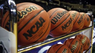 Mar 23, 2015; Tampa, FL, USA; A general view of official NCAA Tournament basketballs prior to the game between the Louisville Cardinals against the South Florida Bulls in the second round of the women