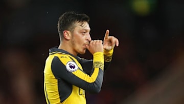 MIDDLESBROUGH, ENGLAND - APRIL 17: Mesut Ozil of Arsenal (11) celebrates as he scores their second goal during the Premier League match between Middlesbrough and Arsenal at Riverside Stadium on April 17, 2017 in Middlesbrough, England. (Photo by Ian MacNicol/Getty Images)
