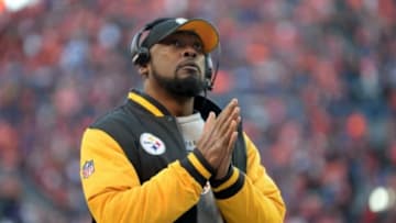Jan 17, 2016; Denver, CO, USA; Pittsburgh Steelers head coach Mike Tomlin reacts during the third quarter of the AFC Divisional round playoff game against the Denver Broncos at Sports Authority Field at Mile High. Mandatory Credit: Ron Chenoy-USA TODAY Sports