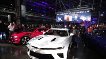 LANSING, MI - OCTOBER 26: The new General Motors 2016 Chevrolet Camaro is presented after it rolled off the production line at GM's Lansing Grand River Assembly Plant October 26, 2015 in Lansing, Michigan. The Gen Six Camaro is the first to be produced in the United States since the third generation Camaro in 1992. (Photo by Bill Pugliano/Getty Images)