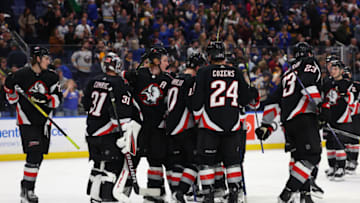Mar 4, 2023; Buffalo, New York, USA; The Buffalo Sabres celebrate a win over the Tampa Bay Lightning at KeyBank Center. Mandatory Credit: Timothy T. Ludwig-USA TODAY Sports