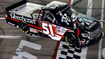 LAS VEGAS, NEVADA - FEBRUARY 21: Kyle Busch, driver of the #51 Cessna Toyota, celebrates during the NASCAR Gander RV & Outdoor Strat 200 at Las Vegas Motor Speedway on February 21, 2020 in Las Vegas, Nevada. (Photo by Jonathan Ferrey/Getty Images)