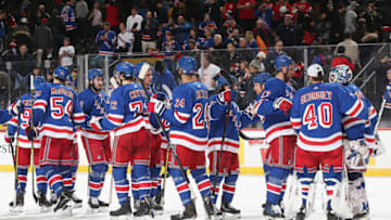 NEWARK, NJ - JANUARY 31: The New York Rangers celebrate after defeating the New Jersey Devils at Prudential Center on January 31, 2019 in Newark, New Jersey. (Photo by Andy Marlin/NHLI via Getty Images)