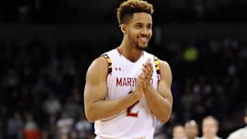 March 20, 2016; Spokane , WA, USA; Maryland Terrapins guard Melo Trimble (2) reacts following the 73-60 victory against Hawaii Rainbow Warriors in the second round of the 2016 NCAA Tournament at Spokane Veterans Memorial Arena. Mandatory Credit: James Snook-USA TODAY Sports