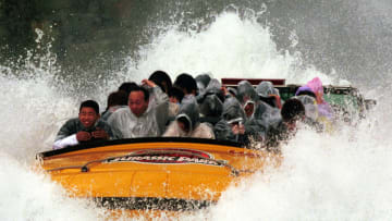 387325 11: Visitors ride the Jurassic Park themed ride at Universal Studios during the opening day of the park March 31, 2001 in Osaka, Japan. Although the park is designed to include the most popular attractions from the two U.S. Universal Studios parks in Hollywood and Orlando, some are specifically designed for the Japanese market. (Photo by Koichi Kamoshida/Liaison)