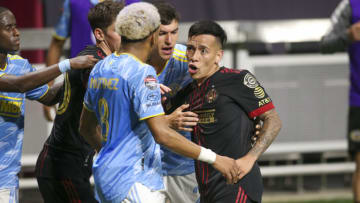 Atlanta United midfielder Ezequiel Barco upset during a 3-0 loss to the Philadelphia Union. Mandatory Credit: Brett Davis-USA TODAY Sports