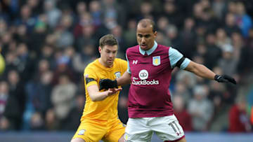 BIRMINGHAM, ENGLAND - JANUARY 21: Preston North End's Paul Huntington in action with Aston Villa's Gabriel Agbonlahor during the Sky Bet Championship match between Aston Villa and Preston North End at Villa Park on January 21, 2017 in Birmingham, England. (Photo by Mick Walker - CameraSport via Getty Images)