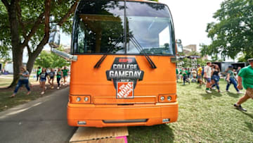 SOUTH BEND, IN - SEPTEMBER 01: A general view of the ESPN College Gameday bus is seen parked outside Notre Dame Stadium prior to the start of game action during the college football game between the Michigan Wolverines and the Notre Dame Fighting Irish on September 1, 2018 at Notre Dame Stadium, in South Bend, Indiana. The Notre Dame Fighting Irish defeated the Michigan Wolverines by the score of 24-17. (Photo by Robin Alam/Icon Sportswire via Getty Images)