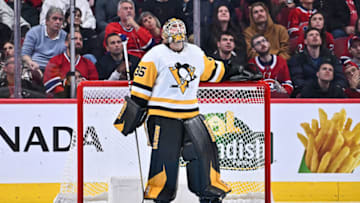 MONTREAL, CANADA - NOVEMBER 12: Goaltender Tristan Jarry #35 of the Pittsburgh Penguins looks up at the video replay during the third period against the Montreal Canadiens at Centre Bell on November 12, 2022 in Montreal, Quebec, Canada. The Montreal Canadiens defeated the Pittsburgh Penguins 5-4 in overtime. (Photo by Minas Panagiotakis/Getty Images)