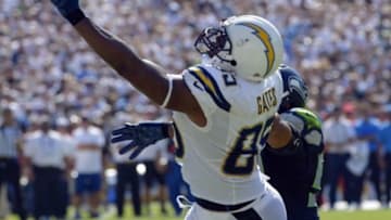 Sep 14, 2014; San Diego, CA, USA; San Diego Chargers tight end Antonio Gates (85) makes a one-handed catch for a touchdown past Seattle Seahawks outside linebacker K.J. Wright (50) in the third quarter at Qualcomm Stadium. Mandatory Credit: Robert Hanashiro-USA TODAY Sports