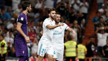 MADRID, SPAIN - AUGUST 23: Borja Mayoral (21) of Real Madrid celebrates with Dani Ceballos (R) after scoring a goal during a Santiago Bernabeu Cup soccer match between Real Madrid and Fiorentina at Santiago Bernabeu in Madrid, Spain on August 23, 2017. (Photo by Burak Akbulut/Anadolu Agency/Getty Images)