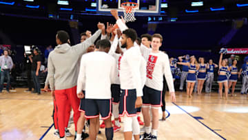 NEW YORK , NY - MARCH 12: The St. John's basketball team huddle before during the Big East Basketball Tournament - Quarterfinals college basketball game against the Creighton Bluejays at the Madison Square Garden on March 12, 2020 in New York City. (Photo by Mitchell Layton/Getty Images)
