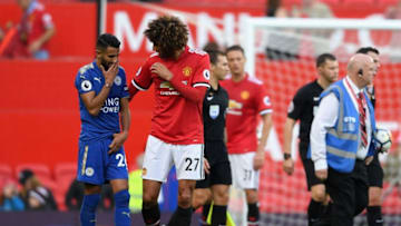 MANCHESTER, ENGLAND - AUGUST 26: Riyad Mahrez of Leicester City speaks with Paul Pogba of Manchester United following the Premier League match between Manchester United and Leicester City at Old Trafford on August 26, 2017 in Manchester, England. (Photo by Ross Kinnaird/Getty Images)