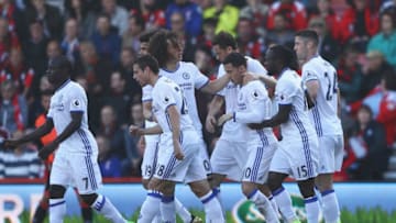BOURNEMOUTH, ENGLAND - APRIL 08: Eden Hazard of Chelsea celebrates scoring his sides second goal with his Chelsea team mates during the Premier League match between AFC Bournemouth and Chelsea at Vitality Stadium on April 8, 2017 in Bournemouth, England. (Photo by Ian Walton/Getty Images)