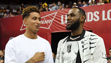 LAS VEGAS, NEVADA - JULY 06: Kyle Kuzma (L) and LeBron James of the Los Angeles Lakers talk before a game between the Lakers and the LA Clippers during the 2019 NBA Summer League at the Thomas & Mack Center on July 6, 2019 in Las Vegas, Nevada. NOTE TO USER: User expressly acknowledges and agrees that, by downloading and or using this photograph, User is consenting to the terms and conditions of the Getty Images License Agreement. (Photo by Ethan Miller/Getty Images)