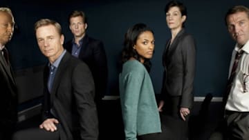 The original cast of Law & Order: UK (from left): Bill Paterson, Ben Daniels, Jamie Bamber, Freema Agyeman, Harriet Walter and Bradley Walsh. Photo Credit: Courtesy of NBCUniversal.