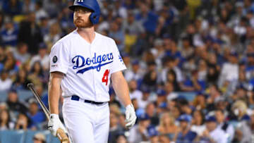 LOS ANGELES, CA - JULY 02: Los Angeles Dodgers outfielder Kyle Garlick (41) walks back to the dugout after striking out during a MLB game between the Arizona Diamondback and the Los Angeles Dodgers on July 2, 2019 at Dodger Stadium in Los Angeles, CA. (Photo by Brian Rothmuller/Icon Sportswire via Getty Images)