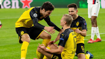 Haaland of Borussia Dortmund with Giovanni Reyna of Borussia Dortmund and Rap. (Photo by DeFodi Images via Getty Images)
