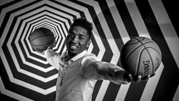 LOS ANGELES, CA - FEBRUARY 15: Donovan Mitchell #45 of the Utah Jazz poses for a portrait as part of the 2018 NBA All-Star Weekend on February 15, 2018 at the Mariott in Los Angeles, California. NOTE TO USER: User expressly acknowledges and agrees that, by downloading and/or using this photograph, user is consenting to the terms and conditions of the Getty Images License Agreement. Mandatory Copyright Notice: Copyright 2018 NBAE (Photo by Michael J. LeBrecht II/NBAE via Getty Images)