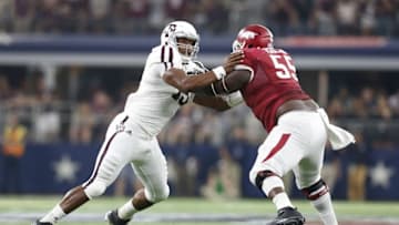 Sep 26, 2015; Arlington, TX, USA; Texas A&M Aggies defensive lineman Myles Garrett (15) in action against the Arkansas Razorbacks at AT&T Stadium. Mandatory Credit: Matthew Emmons-USA TODAY Sports
