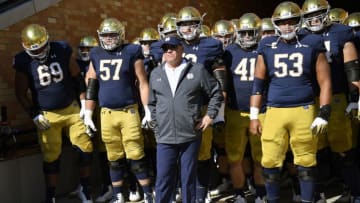 SOUTH BEND, IN - OCTOBER 13: Notre Dame Fighting Irish head coach Brian Kelly stands in the tunnel in front of his team before the game against the Pittsburgh Panthers at Notre Dame Stadium on October 13, 2018 in South Bend, Indiana. (Photo by Quinn Harris/Getty Images)