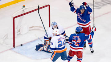 NEW YORK, NY - NOVEMBER 21: New York Rangers Winger Filip Chytil (72) celebrates after scoring a goal during the first period of the National Hockey League game between the New York Islanders and the New York Rangers on November 21, 2018 at Madison Square Garden in New York, NY. (Photo by Joshua Sarner/Icon Sportswire via Getty Images)