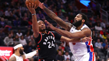DETROIT, MICHIGAN - JANUARY 31: Norman Powell #24 of the Toronto Raptors takes a shot past Andre Drummond #0 of the Detroit Pistons during the second half at Little Caesars Arena on January 31, 2020 in Detroit, Michigan. Toronto won the game 105-92.NOTE TO USER: User expressly acknowledges and agrees that, by downloading and or using this photograph, User is consenting to the terms and conditions of the Getty Images License Agreement. (Photo by Gregory Shamus/Getty Images)