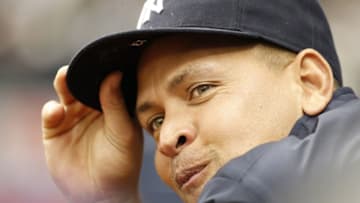 Jul 31, 2016; St. Petersburg, FL, USA; New York Yankees designated hitter Alex Rodriguez (13) looks on during the third inning from the dugout against the Tampa Bay Rays at Tropicana Field. Mandatory Credit: Kim Klement-USA TODAY Sports