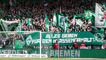 BREMEN, GERMANY - MAY 14: Supporters of Bremen display posters before the Bundesliga match SV Werder Bremen and Eintracht Frankfurt at Weserstadion on May 14, 2016 in Bremen, Germany. (Photo by Oliver Hardt/Bongarts/Getty Images)