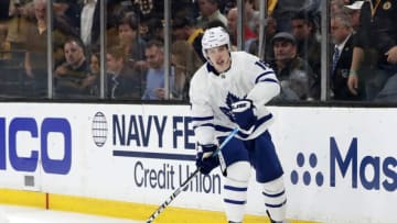 BOSTON, MA - APRIL 23: Toronto Maple Leafs right wing Mitchell Marner (16) passes during Game 7 of the 2019 First Round Stanley Cup Playoffs between the Boston Bruins and the Toronto Maple Leafs on April 23, 2019, at TD Garden in Boston, Massachusetts. (Photo by Fred Kfoury III/Icon Sportswire via Getty Images)