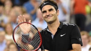 Sep 2, 2014; New York, NY, USA; Roger Federer (SUI) celebrates after recording match point against Roberto Bautista Agut (ESP) on day nine of the 2014 U.S. Open tennis tournament at USTA Billie Jean King National Tennis Center. Mandatory Credit: Robert Deutsch-USA TODAY Sports