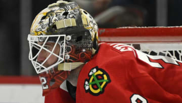 Apr 10, 2023; Chicago, Illinois, USA; Chicago Blackhawks goaltender Alex Stalock (32) looks on during warmups before the teamÕs game against the Minnesota Wild at the United Center. Mandatory Credit: Matt Marton-USA TODAY Sports