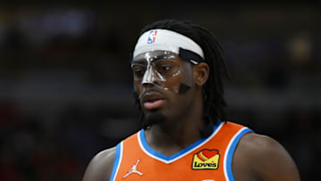 Luguentz Dort #5 of the Oklahoma City Thunder looks on during the game against the Chicago Bulls at United Center on February 12, 2022 in Chicago, Illinois. (Photo by Quinn Harris/Getty Images)