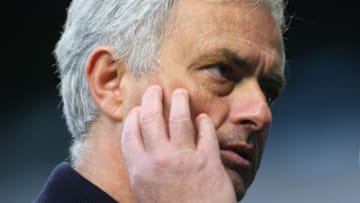 LONDON, ENGLAND - APRIL 11: Jose Mourinho head coach/manager of Tottenham Hotspur reacts during the Premier League match between Tottenham Hotspur and Manchester United at Tottenham Hotspur Stadium on April 11, 2021 in London, United Kingdom. Sporting stadiums around the UK remain under strict restrictions due to the Coronavirus Pandemic as Government social distancing laws prohibit fans inside venues resulting in games being played behind closed doors. (Photo by Marc Atkins/Getty Images)