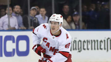 NEW YORK, NEW YORK - NOVEMBER 27: Teuvo Teravainen #86 of the Carolina Hurricanes skates against the New York Rangers at Madison Square Garden on November 27, 2019 in New York City. The Rangers defeated the Hurricanes 3-2. (Photo by Bruce Bennett/Getty Images)