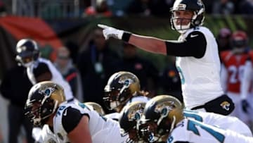 Nov 2, 2014; Cincinnati, OH, USA; Jacksonville Jaguars quarterback Blake Bortles (5) calls out prior to the snap during the first quarter against the Cincinnati Bengals at Paul Brown Stadium. Mandatory Credit: Aaron Doster-USA TODAY Sports