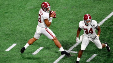 ATLANTA, GA - JANUARY 08: Tua Tagovailoa #13 of the Alabama Crimson Tide drops back to pass during the third quarter against the Georgia Bulldogs in the CFP National Championship presented by AT&T at Mercedes-Benz Stadium on January 8, 2018 in Atlanta, Georgia. (Photo by Scott Cunningham/Getty Images)