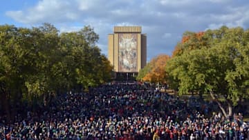 Oct 17, 2015; South Bend, IN, USA; General view of the Touchdown Jesus word of life mural on the facade of the Hesburgh Library on the campus of Notre Dame. Mandatory Credit: Kirby Lee-USA TODAY Sports