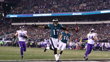 PHILADELPHIA, PA - JANUARY 21: Alshon Jeffery #17 of the Philadelphia Eagles celebrates after scoring a 53 yard touchdown reception during the second quarter against the Minnesota Vikings during their NFC Championship game at Lincoln Financial Field on January 21, 2018 in Philadelphia, Pennsylvania. (Photo by Al Bello/Getty Images)