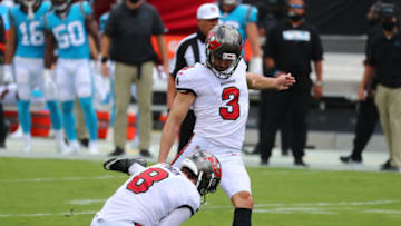 Sep 20, 2020; Tampa, Florida, USA; Tampa Bay Buccaneers kicker Ryan Succop (3) kicks an extra point against the Carolina Panthers during the first quarter at Raymond James Stadium. Mandatory Credit: Kim Klement-USA TODAY Sports