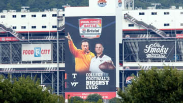 Sep 9, 2016; Bristol, TN, USA; A view of a poster featuring Tennessee Volunteers head coach Butch Jones and Virginia Tech Hokies head coach Justin Fuente on the side of Bristol Motor Speedway. Mandatory Credit: Randy Sartin-USA TODAY Sports