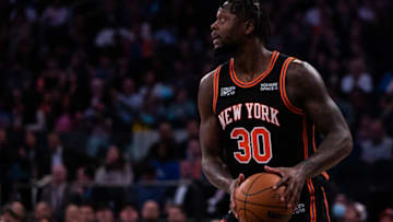 NEW YORK, NEW YORK - MARCH 18: Julius Randle #30 of the New York Knicks holds the ball after getting a rebound during the first half of the game against the Washington Wizards at Madison Square Garden on March 18, 2022 in New York City. NOTE TO USER: User expressly acknowledges and agrees that, by downloading and or using this photograph, User is consenting to the terms and conditions of the Getty Images License Agreement. (Photo by Dustin Satloff/Getty Images)