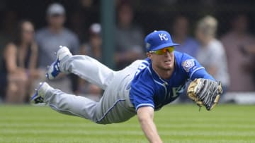 CHICAGO - AUGUST 02: Brett Phillips #14 of the Kansas City Royals makes a diving catch against the Chicago White Sox on August 2, 2018 at Guaranteed Rate Field in Chicago, Illinois. (Photo by Ron Vesely/MLB Photos via Getty Images)