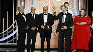 BEVERLY HILLS, CALIFORNIA - JANUARY 06: In this handout photo provided by NBCUniversal, Chuck Lorre and Al Higgins of “The Kominsky Method” accept the Best Television Series – Musical or Comedy award onstage during the 76th Annual Golden Globe Awards at The Beverly Hilton Hotel on January 06, 2019 in Beverly Hills, California. (Photo by Paul Drinkwater/NBCUniversal via Getty Images)