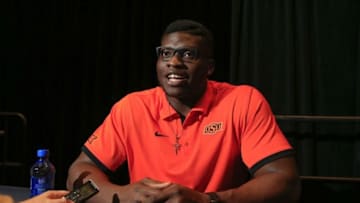 Jul 21, 2015; Dallas, TX, USA; Oklahoma State Cowboys defensive end Emmanuel Ogbah speaks to the media during the Big 12 Media Days at Omni Dallas. Mandatory Credit: Kevin Jairaj-USA TODAY Sports