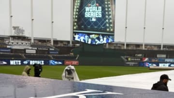 Oct 27, 2015; Kansas City, MO, USA; A general view of rain on top of the dugout before game one of the 2015 World Series between the Kansas City Royals and the New York Mets at Kauffman Stadium. Mandatory Credit: John Rieger-USA TODAY Sports